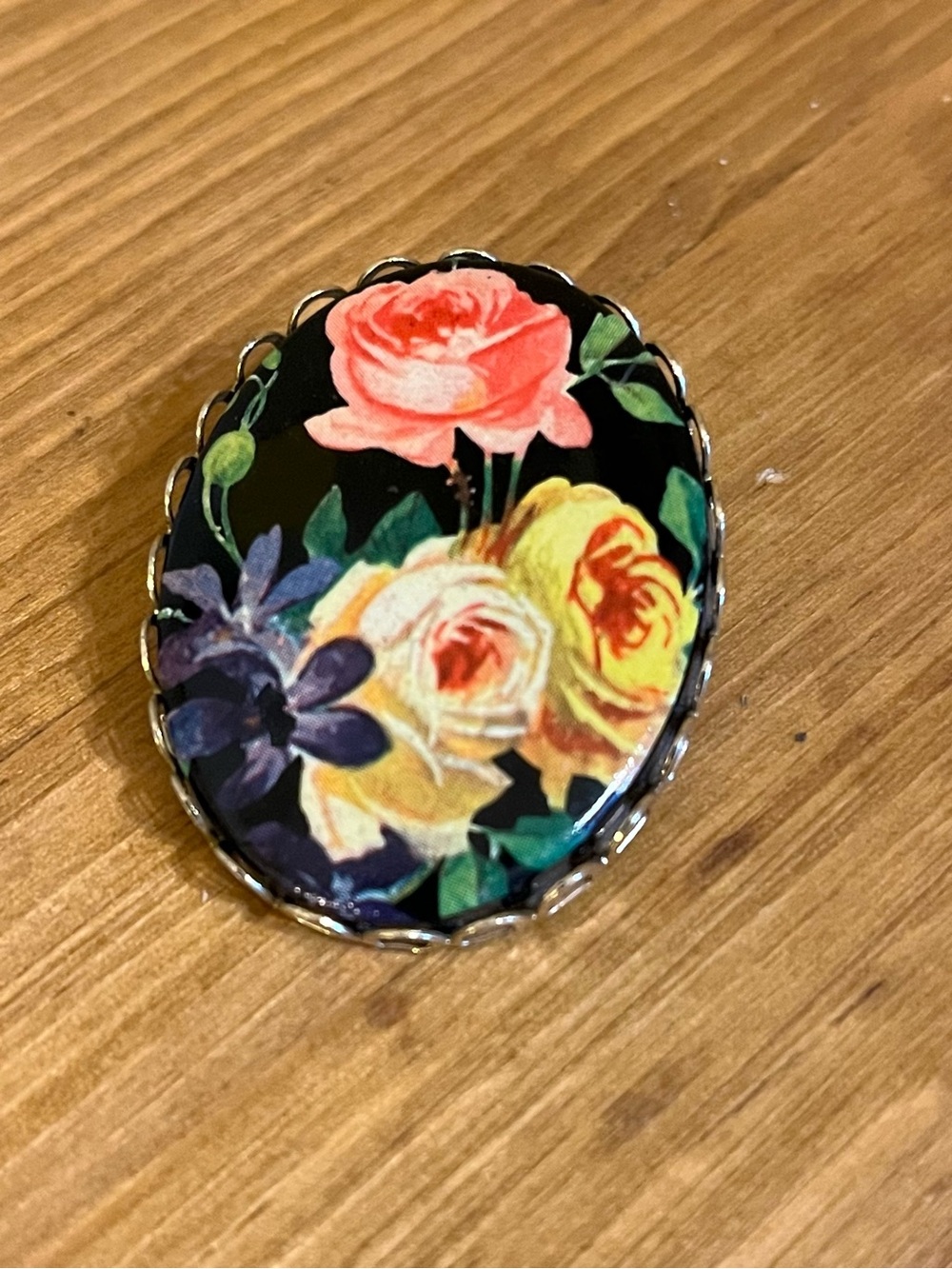 Vintage painted yellow pink roses & violet on black background 1 3/4 “